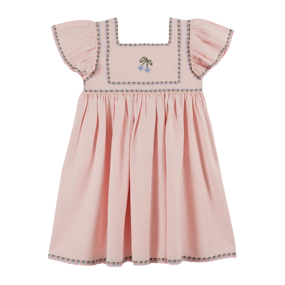 Robe Brodé cerises rose